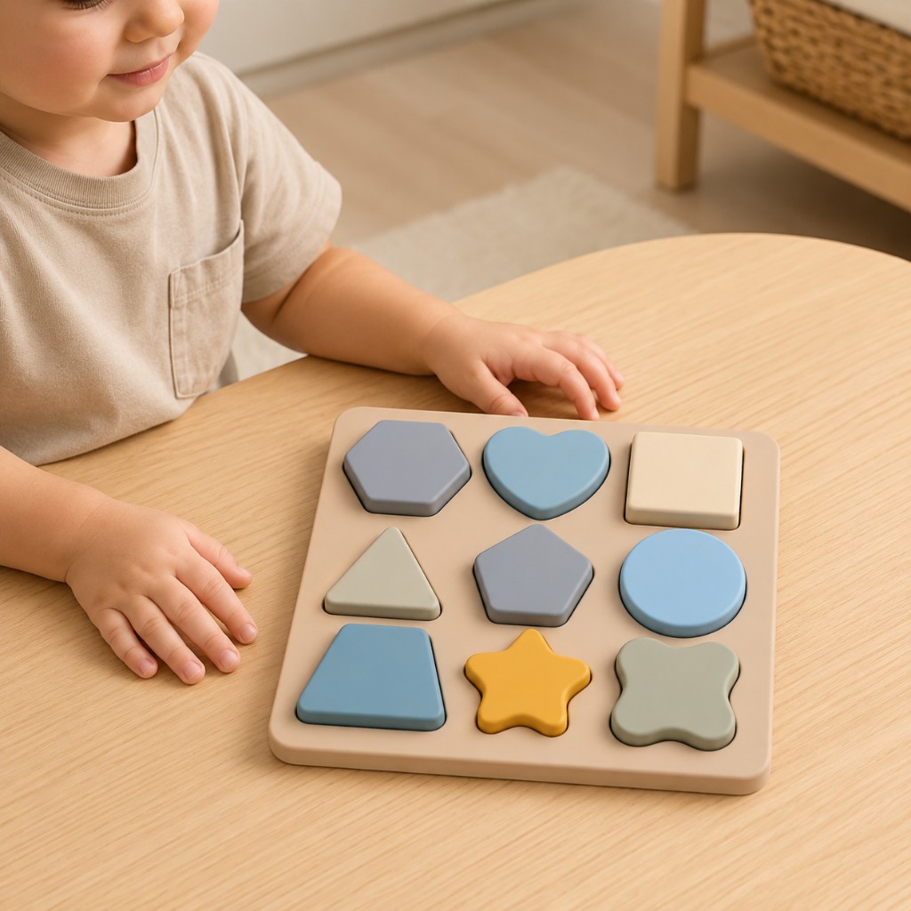 Kind speelt met vormen puzzel aan tafel